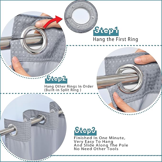 Conbo Mio No Hook Waffle Weave Shower Curtain with Snap in Liner Set, Hotel Luxury Grey Shower Curtains for Bathroom with See Through Top Window, Waterproof, Washable 71W x 74H