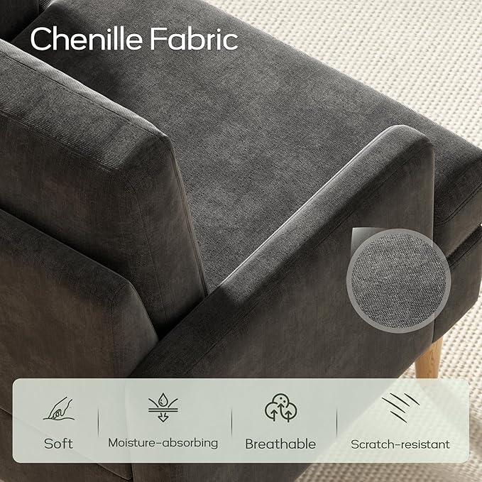 VKNOW Mid-Century Accent Chair, Modern Upholstered Chenille Armchair for Living Room,Comfy Reading Accent Chairs with Wood Legs for Bedroom, Dark Grey