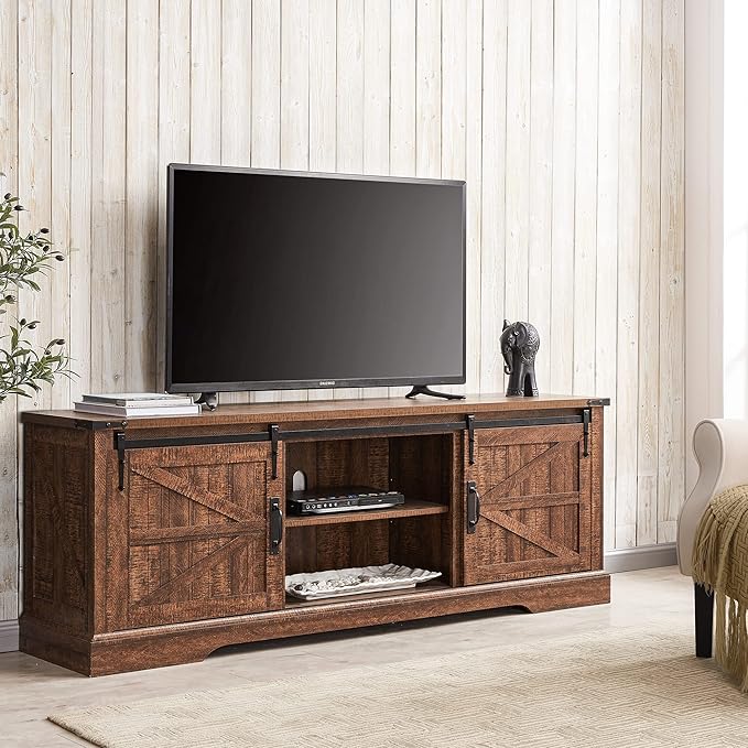 OKD Farmhouse TV Stand for 75 Inch TV, Rustic Entertainment Center w/Sliding Barn Door Wood Media Console Cabinet 66 Inch Long Television Stands for 70 Inch TVs, Reclaimed Barnwood Color