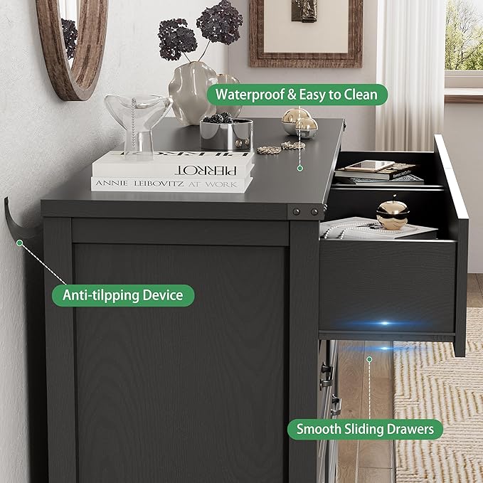 Dresser for Bedroom with 6 Drawers, 48" Wide Wood Chest of Drawers with Deep Drawers & Mental Handle, Modern Dresser TV Stand, Wooden Closet Storage Organizer for Living Room, Hallway, Entryway, Black