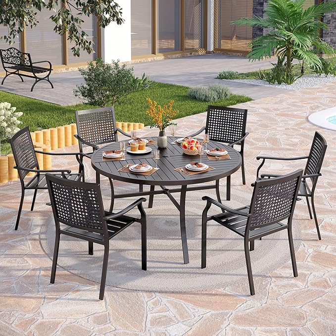 PHI VILLA 7 Pieces Outdoor Round Dining Set for 6, Large Wrought Iron Dining Table with Umbrella Hole & Stackable Metal Chairs, Dining Furniture Set for Patio, Deck, Yard, Porch