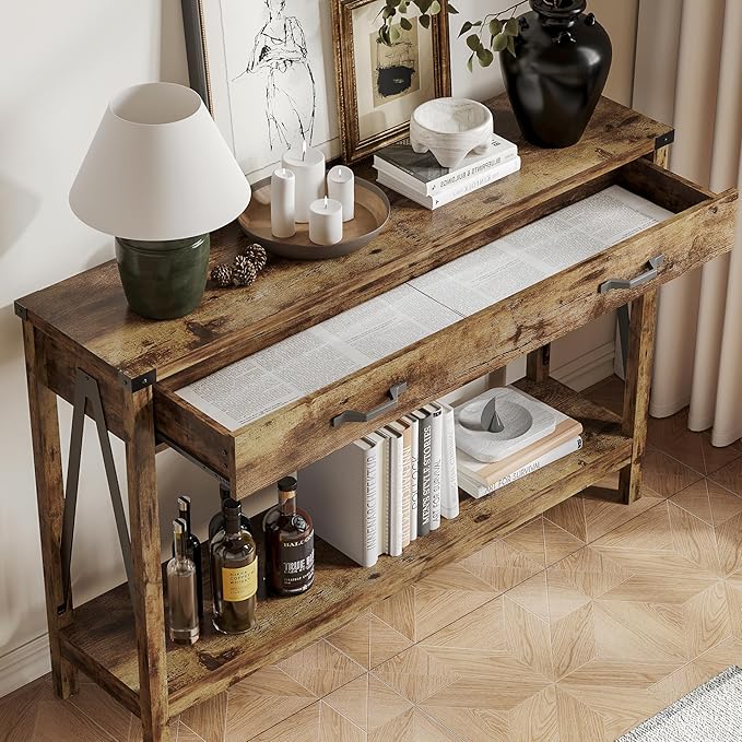 ChooChoo 47'' Farmhouse Console Table with Drawer, Entryway Table with Storage Shelf, Rustic A-Design Sofa Table for Hallway, Entrance, Living Room, Rustic Brown