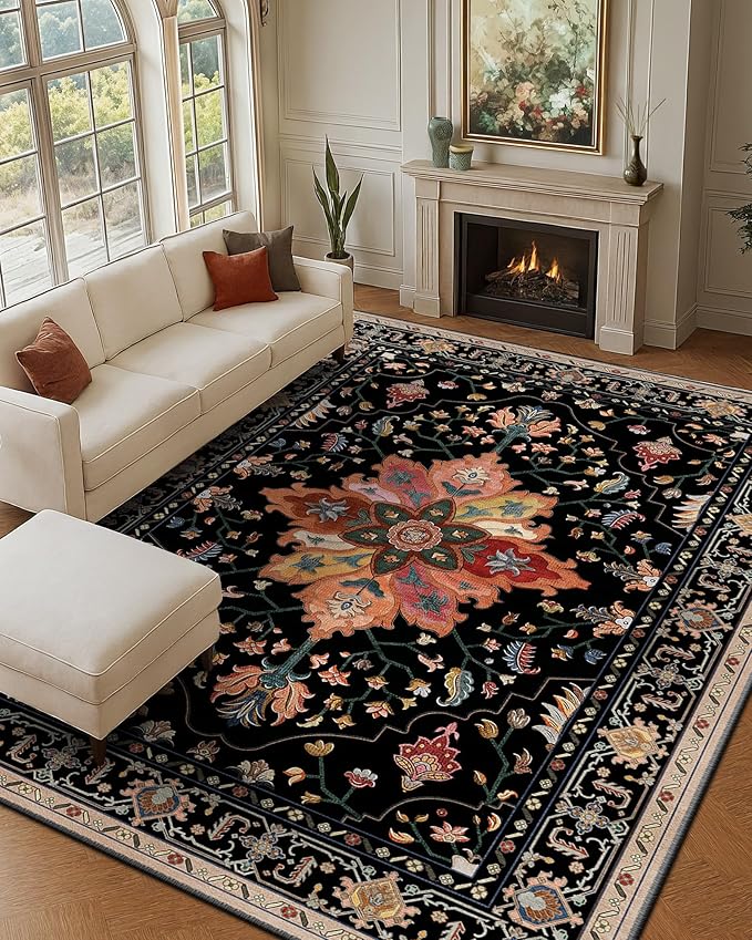 Area Rugs 6'x9' Washable Non-Slip, Floral Vintage Distress Print Pattern Medallion Carpet for Living Room Bedroom Dining Room, Black Colorful Floral Dark Tan