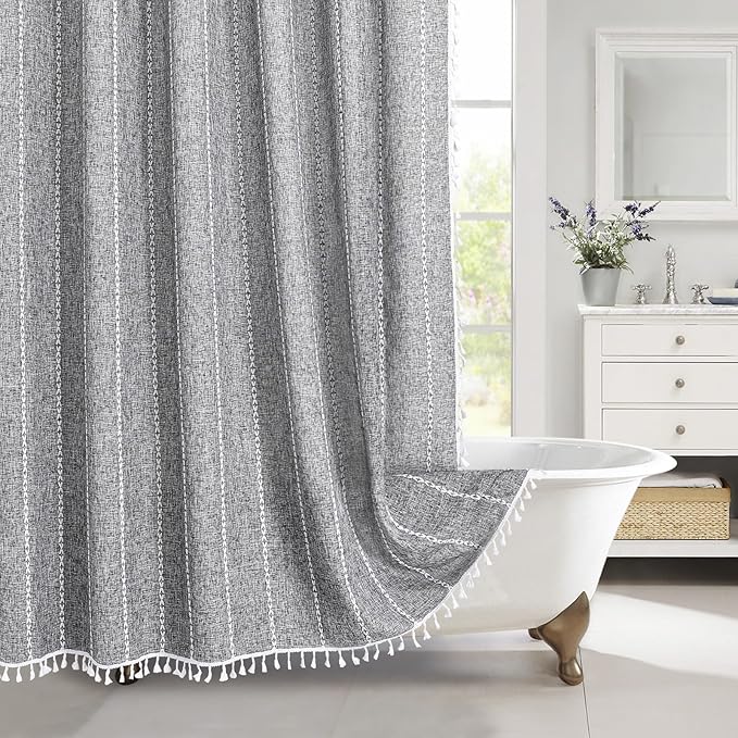 MitoVilla Dark Grey Boho Shower Curtains for Modern Farmhouse Bathroom Decor, Country Thick Polyester Linen Fabric Shower Curtain, Rustic Tassel Cloth Shower Curtain, 72 x 72, Charcoal Grey