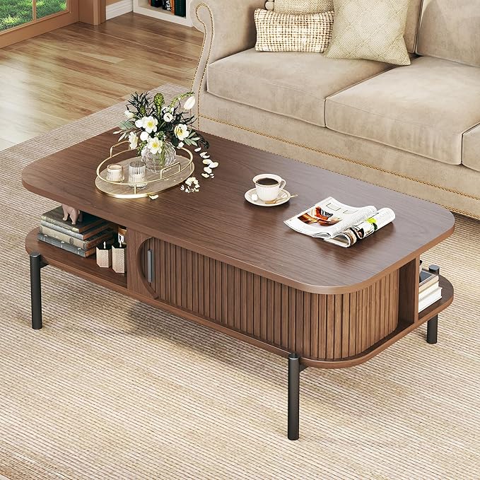 Coffee Table, 39.4" Fluted Coffee Table for Living Room, Mid Century Modern Table with Sliding Cabinet Door 2-Tier Rustic Wood Desktop with Storage Open Shelf, Walnut