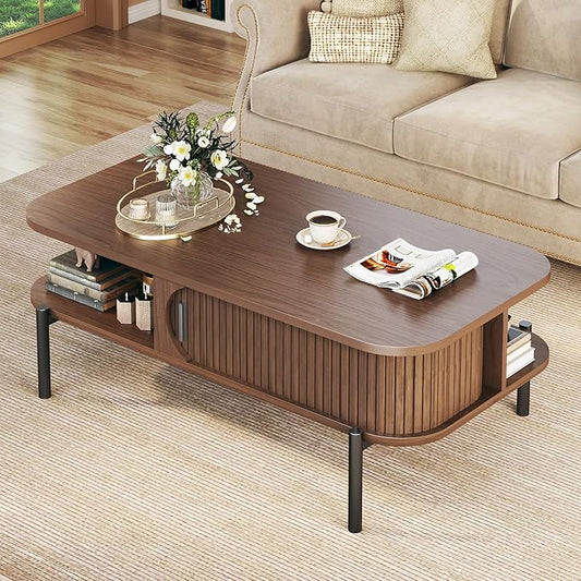 Coffee Table, 39.4" Fluted Coffee Table for Living Room, Mid Century Modern Table with Sliding Cabinet Door 2-Tier Rustic Wood Desktop with Storage Open Shelf, Walnut
