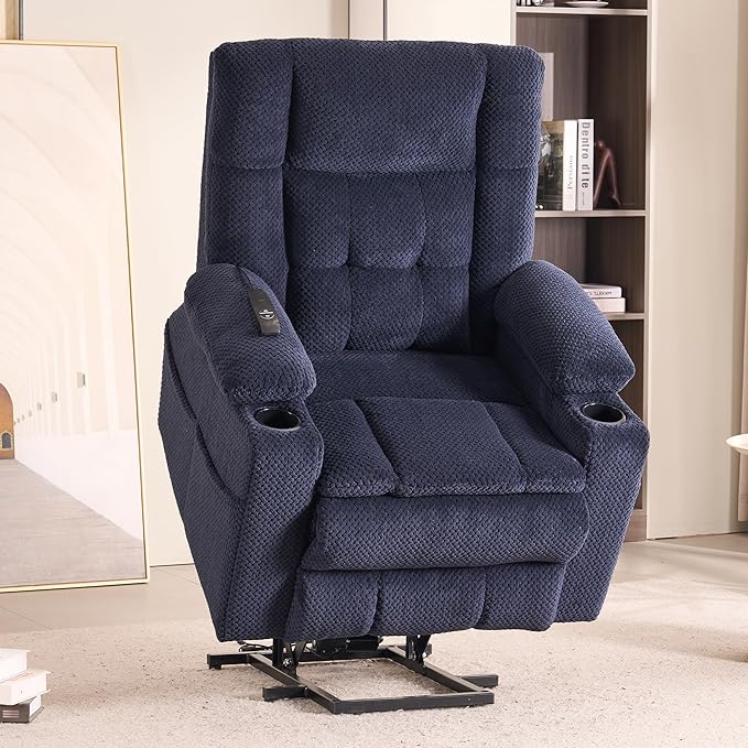 SALOHZA Power Lift Recliner Chair for Elderly with Massage and Heat for Living Room, Electric Recliner Chair for Adults with USB/Type C Port/Cup Holders, Velvet Fabric, Navy Blue
