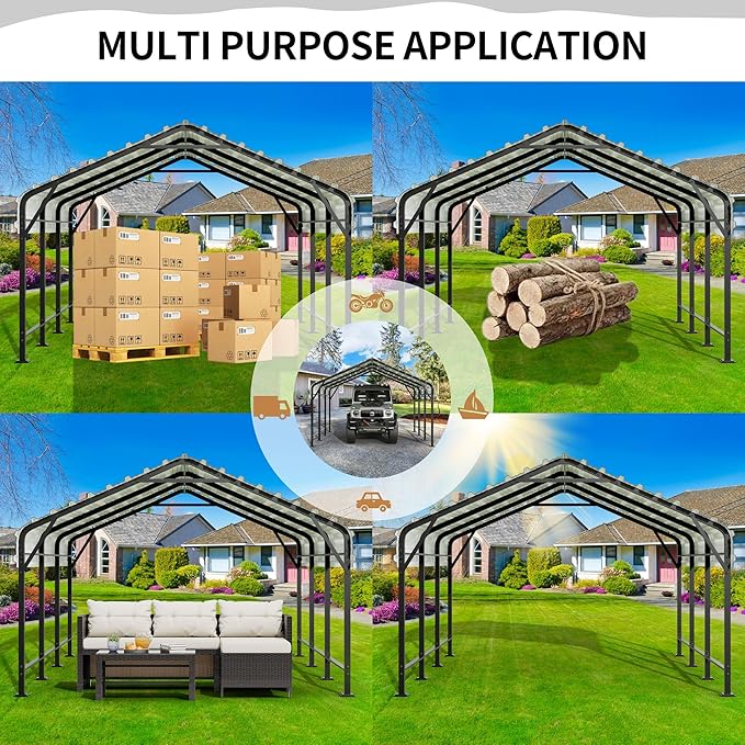 JY QAQA 12 x 15 FT Metal Carport Kits with Galvanized Steel Roof, Heavy Duty Metal Carport Canopy, Outdoor Car Tent Garage Shelter for Car, SUV, Truck and Boats