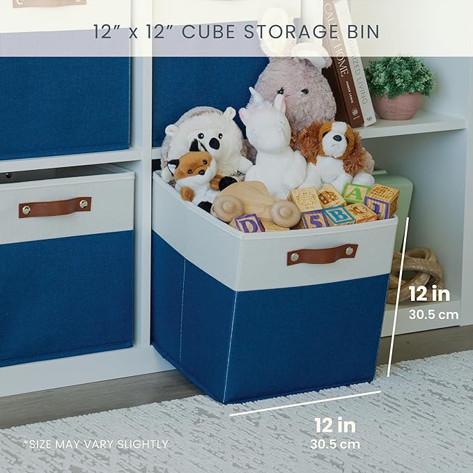 OrganiHaus 12x12 Fabric Storage Bins - Set of 4, Cube Fabric Organizer Bins with Vegan Handles, Kallax Storage Cubes, Cubbies Organizer Boxes, 12Inch Cubic Baskets for Shelves - Navy Blue