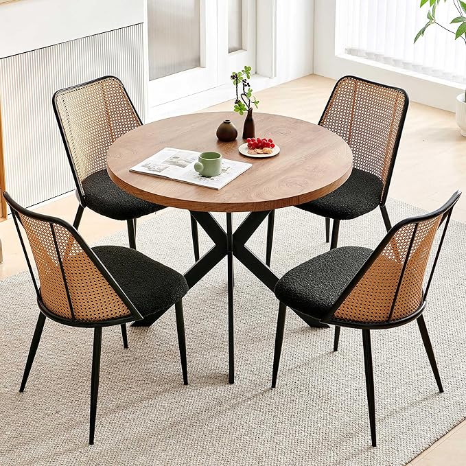 NORDICANA Dining Table Set for 4, Wooden Round Table and Wicker Chairs, 5-Piece Modern Kitchen Dinette Set for Breakfast Nook, Black Boucle Seat