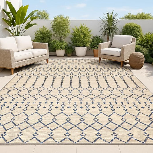 JONATHAN Y Moroccan Geometric Indoor Outdoor Area Rug 9X12 Beige/Navy, Ourika Textured Weave for Backyard, Patio, Porch, Easy-Cleaning, High Traffic, Pet-Friendly, Non-Shedding (SMB108H-9)