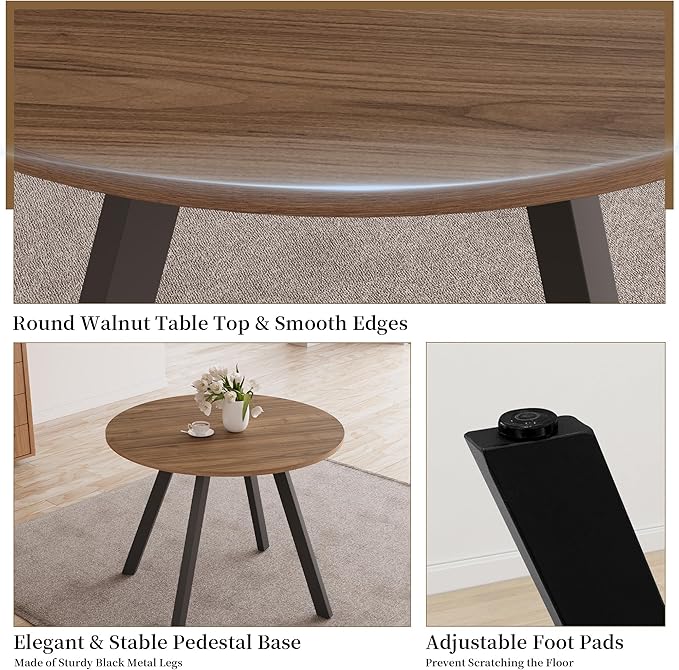 34.6 Inch Walnut Round Dining Table for 4, Space-Saving Dinette Perfect for Kitchen Dining Living Room(Walnut Table)