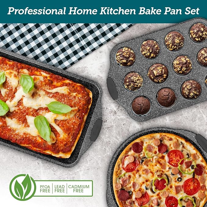 18-Piece Kitchen Oven Baking Set: Nonstick Gray Marble Coating, Carbon Steel Bakeware, Silicone Handles, Dishwasher Safe, Professional Quality, PFOA-Free