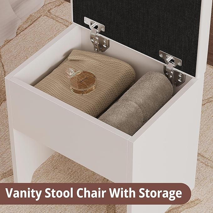 IRONCK 46'' Makeup Vanity Set with LED Mirror & Power Outlet - 11 Drawers, Glass Top, Hair Dryer Rack, Dressing Table with Storage Bench for Bedroom, 3 Lighting Color Adjustable, White