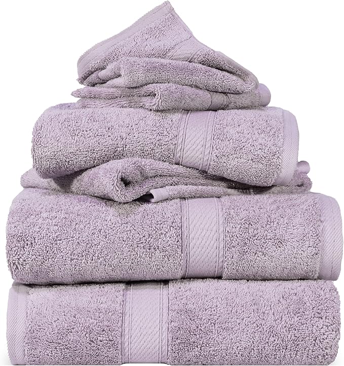 Superior Egyptian Cotton Pile 6 Piece Towel Set, Includes 2 Bath, 2 Hand, 2 Face Towels/Washcloths, Ultra Soft Luxury Towels, Thick Plush Essentials, Guest Bath, Spa, Hotel Bathroom, Purple