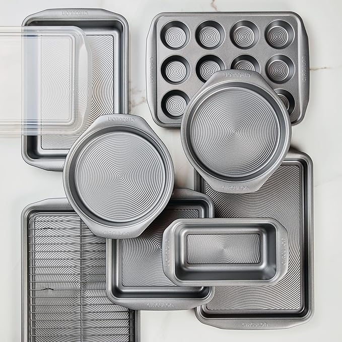 Circulon Nonstick Heavy Gauge Steel Bakeware Set with Rolled Pan Edges Loaf Pan, Cookie Pan, Baking Pans, Cake Pans, Muffin Pan and Cooling Rack (10-Piece, Gray)