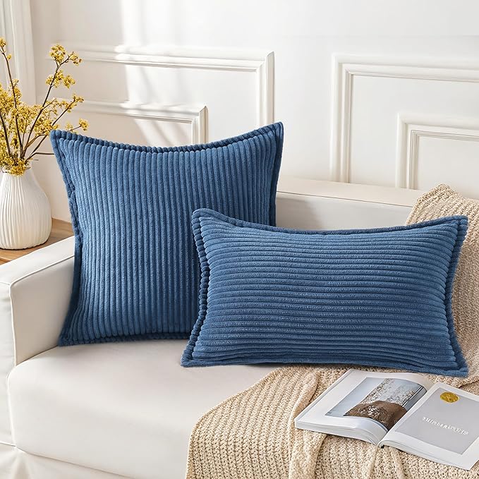 Mecatny Corduroy Throw Pillow Covers 20x20 Set of 2, Neutral Decorative Soft Boho Couch Pillow Covers with Broadside for Sofa Living Room, Navy