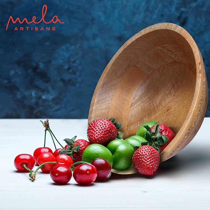 Mela Artisans Wooden Fruit Bowl | Medium Burnt Finish | Large 12” Mango Wood Serving Bowl | Multipurpose for Kitchen Countertop | Salad| Fruit| Snacks| Breads & More | Natural Grain Texture