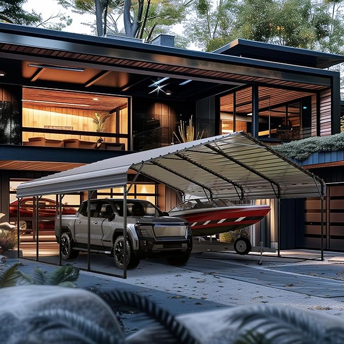 GREEN PARTY 20 x 20 ft Metal Carport Kits with Galvanized Steel Roof & Removable Sidewalls, Heavy Duty Metal Carport Canopy, Outdoor Car Tent Metal Garage Shelter for 2 Car, SUV, Truck and Boats, Gray