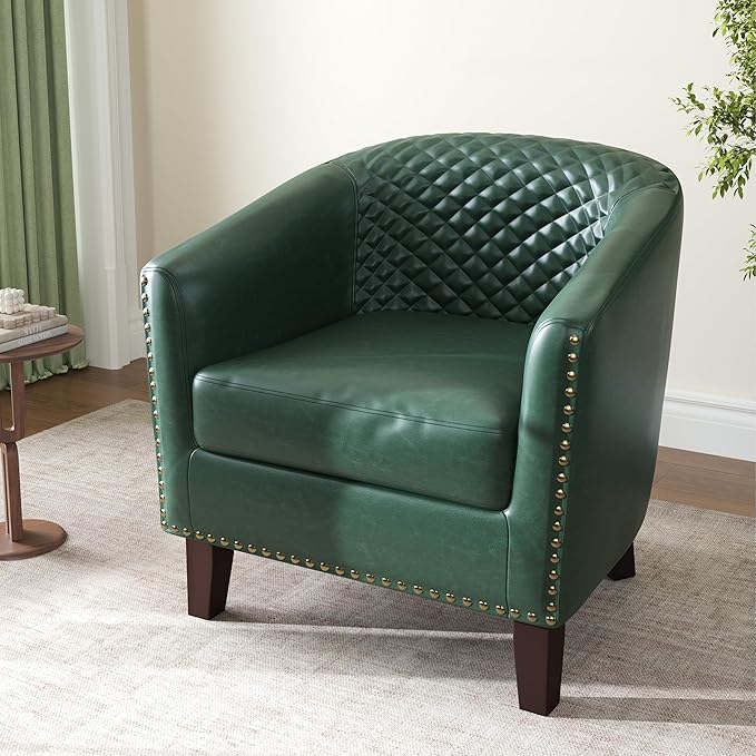 Accent Barrel Chair, Upholstered Faux Leather Club Chair with Nailed Trim, Comfy Reading Armchair for Living Room Bedroom Reception Room Office (Dark Green, Set of 2)