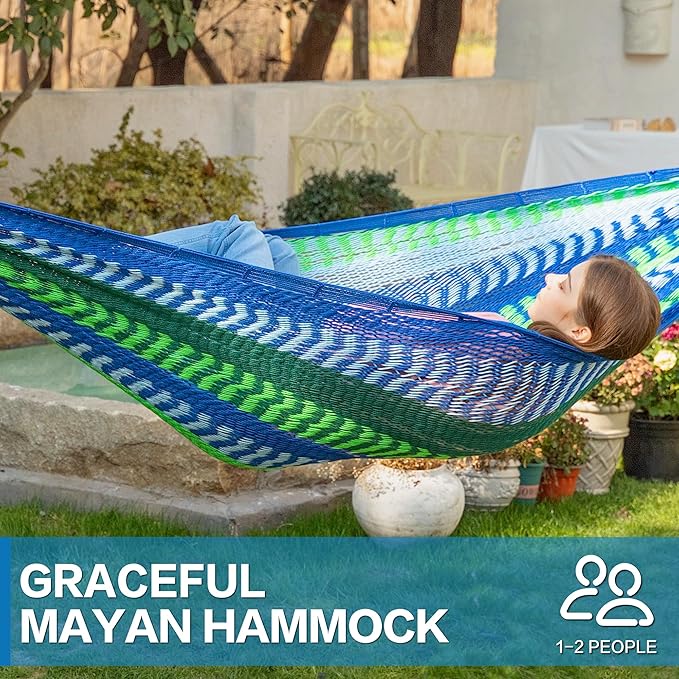 PNAEUT Mayan Hammock, Handwoven XL Thick Soft Rope Hammocks for Outdoor Indoor, Max 600 lbs Capacity, Tree Straps & Carabiners Included (Lake Superior)