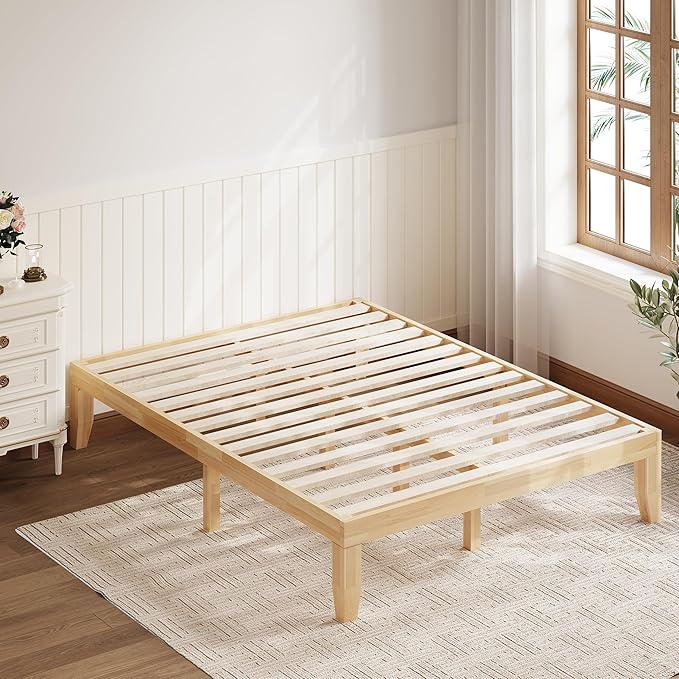 Giantex 14 Inch Full Wood Platform Bed Frame, Minimalist Style Mattress Foundation with Solid Rubber Wood, Heavy Duty Slat Support, Without Headboard, Easy Assembly, No Box Spring Needed, Natural
