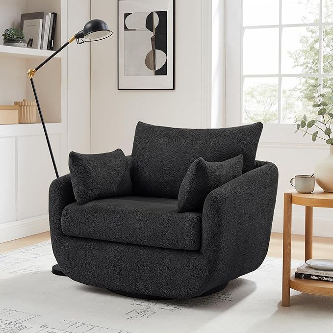 360° Swivel Accent Armchair, 39.3" Oversized, Sherpa Boucle Fabric Sofa Chair with Removable Back & Arm Pillows, Swivel Chair with Cozy Soft Padded, No Assembly Required (1, Dark Gray)