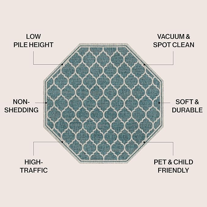Eyely BMS109E-5TGN Trebol Moroccan Trellis Textured Weave Teal/Gray 5' Octagon Indoor/Outdoor Area Rug, Teal/Gray, 5' Octagon, Indoor/Outdoor, Area Rug