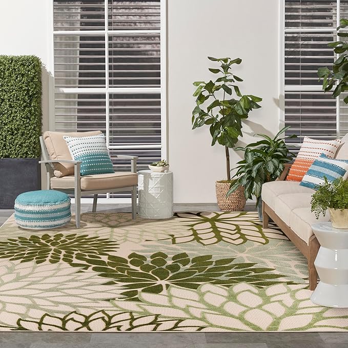 Nourison Home Aloha Indoor/Outdoor Ivory Green 7'10" x 10'6" Area Rug, Easy-Cleaning, Non Shedding, Bed Room, Living Room, Dining Room, Backyard, Patio, Deck (8x11)