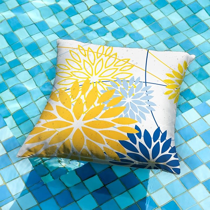 Yellow Blue Outdoor Pillow Cover 20X20 Inch Set of 2 Outdoor Waterproof Summer Floral Yellow Decorative Pillow case Decor for Couch Patio Funiture Garden Print Polyester Cushion Cover 01J20