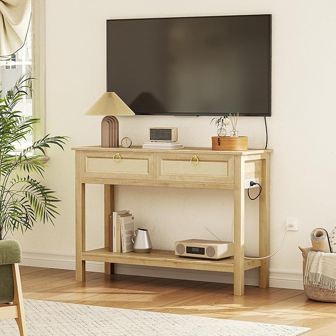 SUPERJARE Rattan Console Sofa Table with Outlets and USB-C Port, 2 Drawer Entryway Table with Synthetic Rattan Surface, 39 Inch, Open Shelf, Behind Couch Entry Foyer Hallway Storage, Natural
