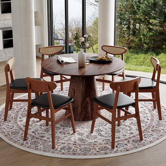 45 Inch Round Dining Table Set for 6, 7 Piece Kitchen Table and Chairs Set, Wooden Table with Walnut Finish, Small Space Dining Set for Apartment or Dining Room