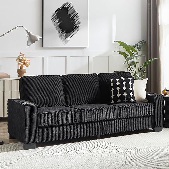 Furnimart Modern 3 Seater Couches, Cozy Deep Seat Sofa, Comfy Fluffy Couch for Living Room, Small Couches for Small Space, with Removable Sofa Cover, Black Corduroy Fabric