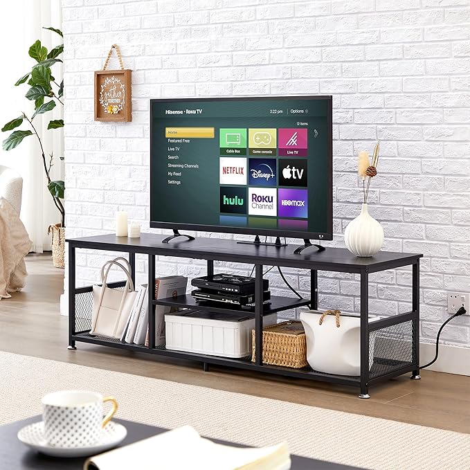 VECELO TV Stand with Power Outlets for Televisions up to 65Inch, 55" Media Entertainment Center with Charging Station 3-Tier Open Storage Shelves with Metal Frame for Living Room/Bedroom，Black