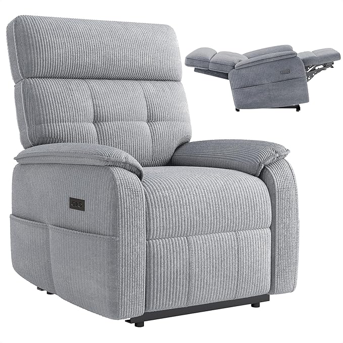 Claiks Zero Gravity Recliner Chair, Oversized Reclining Chair for Adults, Adjustable Electric Reclining Sofa Lounge with USB&Type-C Ports, Side Pocket, for Living Room, Corduroy, Grey