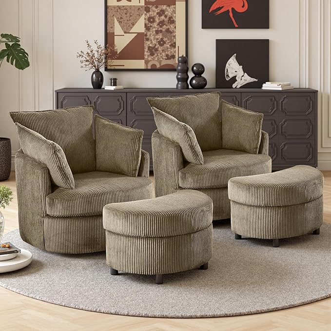 Swivel Accent Chair with Ottoman Comfy Reading Chairs for Bedroom Modern Corduroy Arm Chair 360°Swivel Barrel Chairs for Living Room,Apartment (Brown, 2)