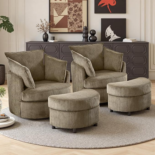 Swivel Accent Chair with Ottoman Comfy Reading Chairs for Bedroom Modern Corduroy Arm Chair 360°Swivel Barrel Chairs for Living Room,Apartment (Brown, 2)