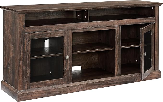 HMFULE 60" Farmhouse TV Stand for 60 65 Inch Television, Entertainment Center with 2 Storage Cabinets Glass Doors & Adjustable Shelves, 29" Tall Media Console Rustic Furniture for Living Room (Brown)