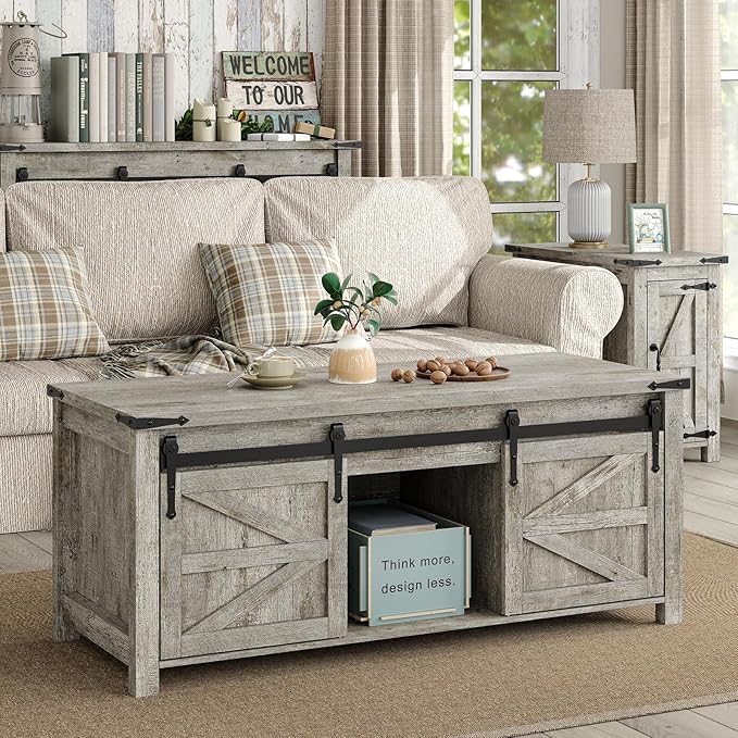 Lift Top Coffee Table, 47.3'' Farmhouse Coffee Table with Large Hidden Storage Compartment & Sliding Barn Doors, Wood Modern Rectangle Table for Home, Office, Rustic Grey
