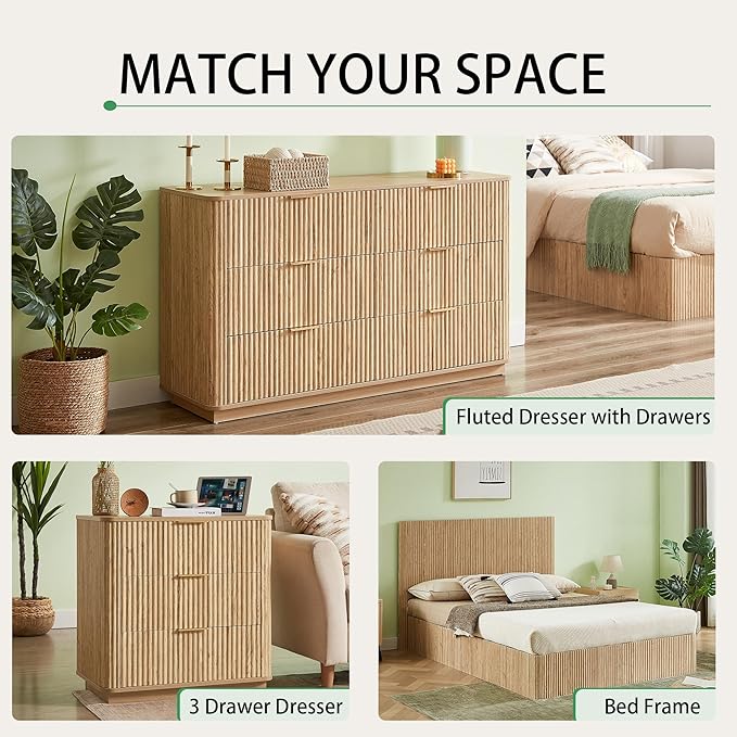 VMU Fluted Dresser for Bedroom with 6 Drawers，55" Modern Wooden Chest of Drawers with Metal Handles, TV Stand with Curved Profile, Closet Clothes Storage Organizer for Living Room, Hallway (Oak)