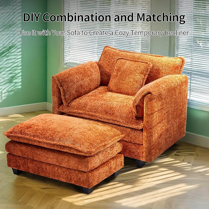 SweetGO corporation 42'' Plush Chaise Lounge Chair Indoor, Single Sofa Accent Chair with Ottoman for Living Room/Bedroom, Modern Couch for Reading