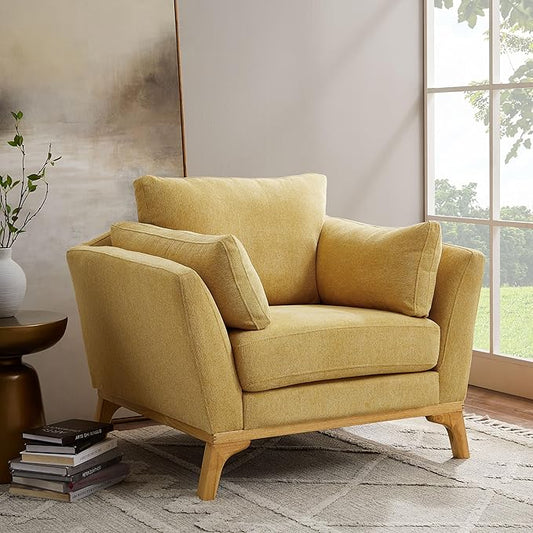 Large-Sized Accent Chair, Thick Cushion Bedroom Reading Chair, Comfortable Living Room Single Sofa, Linen Yellow