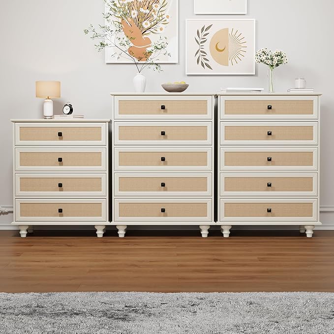 10 Drawer Dresser for Bedroom, Mid Century Modern Wide Wood Rustic Chest of Drawers Wooden Storage Organizer Dressers with Burlap Rattan Drawers for Living Room, Hallway Closet, Entryway, Beige White