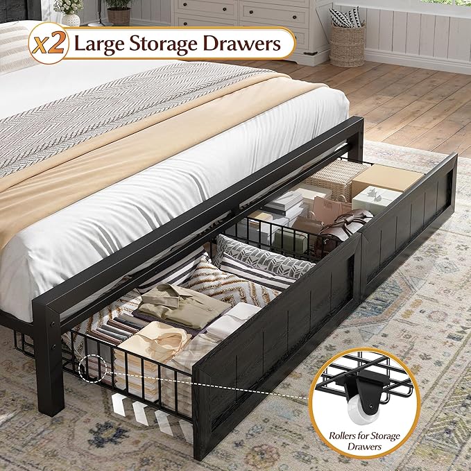 EnHomee Queen Size Bed Frame with 2 Storage Drawers and Headboard Built in Charging Station & LED Light,NO Noise,No Box Spring Needed,Black
