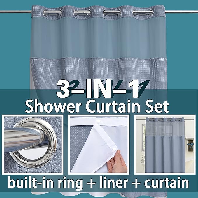 Conbo Mio Extra Long No Hook Waffle Weave Shower Curtain with Snap in Liner Set, Hotel Luxury Grey Shower Curtains for Bathroom with See Through Top Window, Waterproof, Washable 71W x 84H