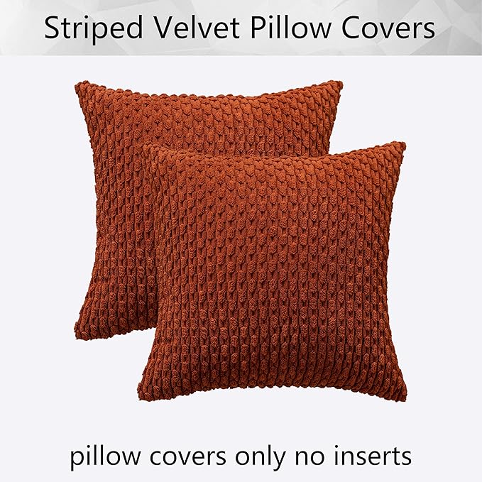 Kevin Textile Fall Soft Velvet Solid Square Decorative Cushion Cover Handmade Pillowcase with Hidden Zipper for Seasonal Autumn 2 Packs 18x18 Inch Burnt Brick
