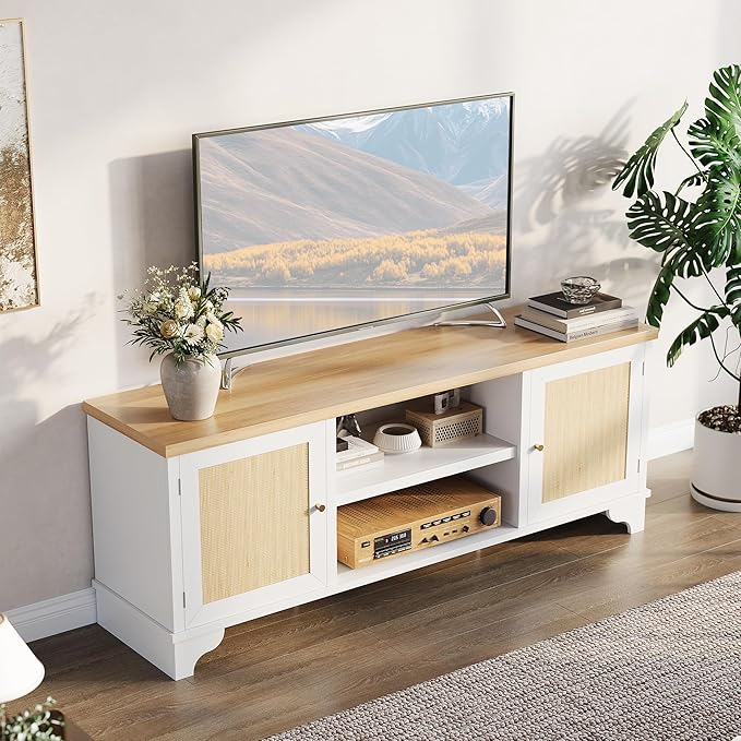 GAOMON Rattan TV Stand Fits TVs Up to 70 Inches, Farmhouse Entertainment Center with Cabinets and Open Shelves, Wooden Media Console Table for Living Room, White