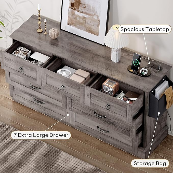 DWVO Farmhouse 7 Drawers Dresser, 59" Wide Wood Rustic Chest of Drawers with Nice Texture, Vintage Design, Storage Dressers Organizer for Living Room, Hallway, Grey
