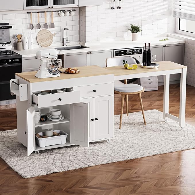 74.5" Rolling Kitchen Island on Wheels with Extendable Dining Table, Storage Cart with 2 Drawers, 4 Door Cabinet, Spice Rack for Kitchen, Dining Room, White