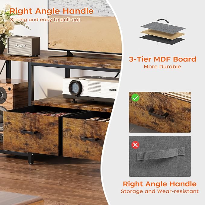 Homeiju TV Stand for TVs up to 75 Inch, Entertainment Center with Fabric Drawers, TV Media Console Table with Open Storage Shelves for Living Room, Bedroom, Rustic Brown